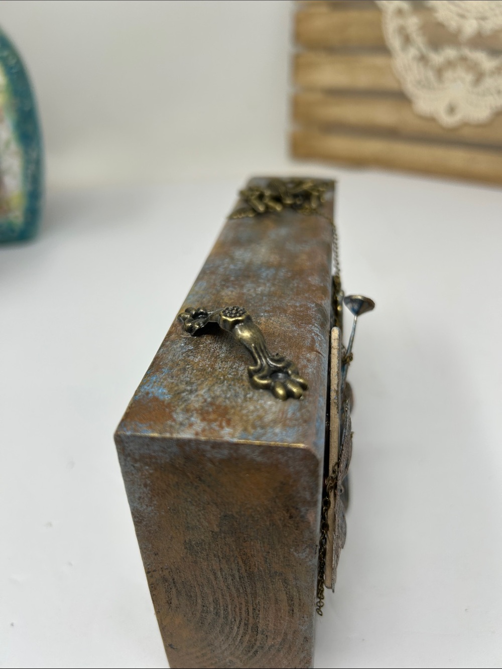 Steampunk Metal Accent Wood Piece with Bee Motif - Bronze Blue Patina - Picture 4 of 9